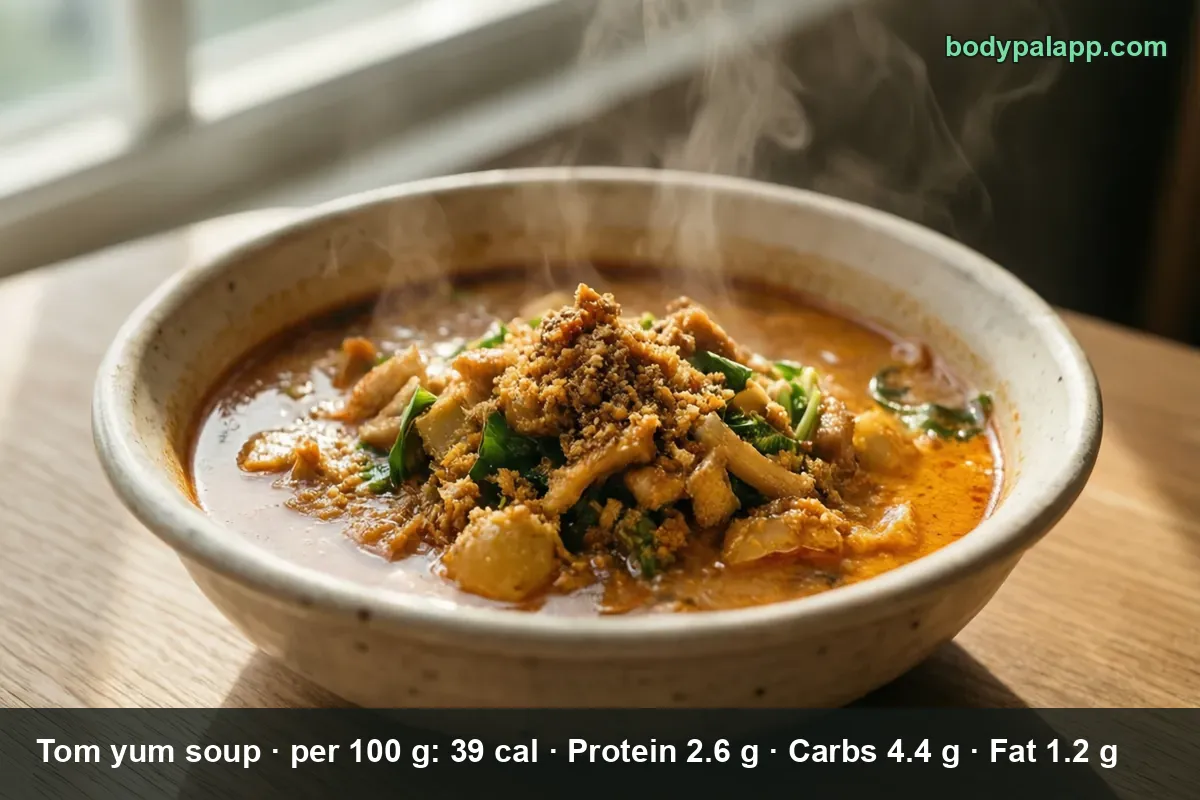 Steaming bowl of red-orange tom yum soup with mushrooms and fresh green herbs.