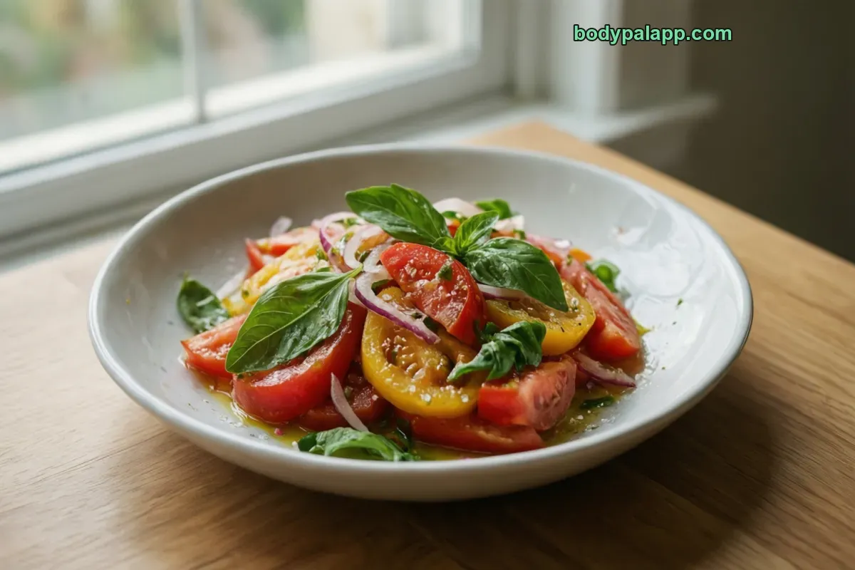 Insalata di pomodori, condita con olio e aceto