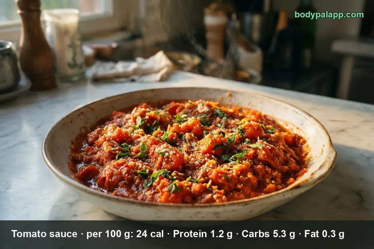 Shallow bowl of thick tomato sauce topped with basil leaves and grated cheese