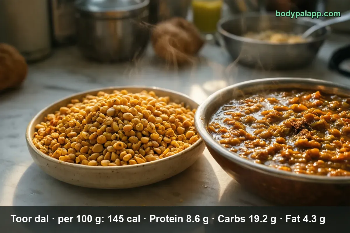 Ceramic bowl of raw toor dal split yellow peas beside a steel bowl of cooked dal
