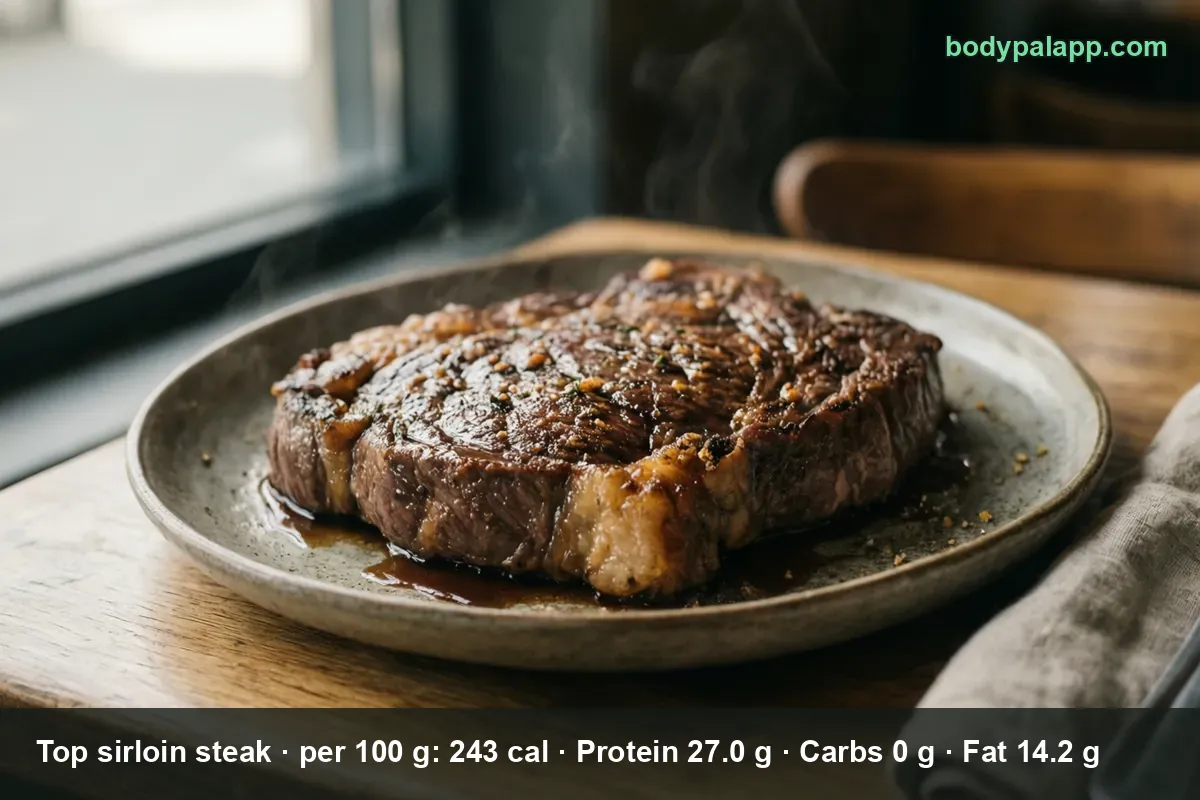 Thick seared top sirloin steak with a fat cap on a plate with pan juices, 413 calories per 6 oz cooked steak