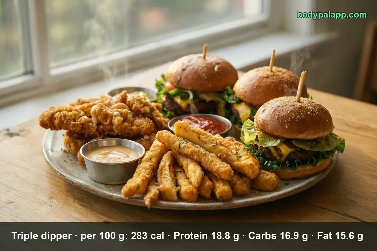 Platter of breaded chicken tenders, fried sticks, three sliders and two cups of dipping sauce