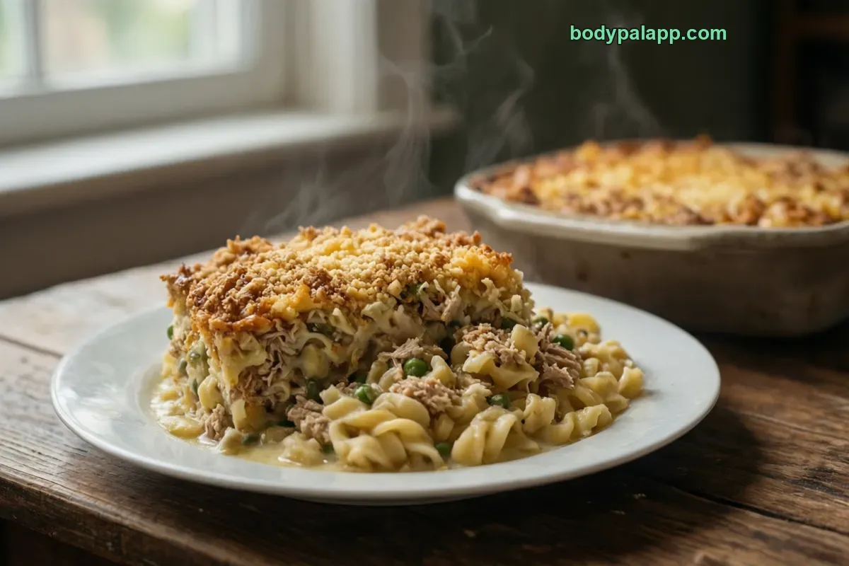 Tuna noodle casserole, with mushroom sauce