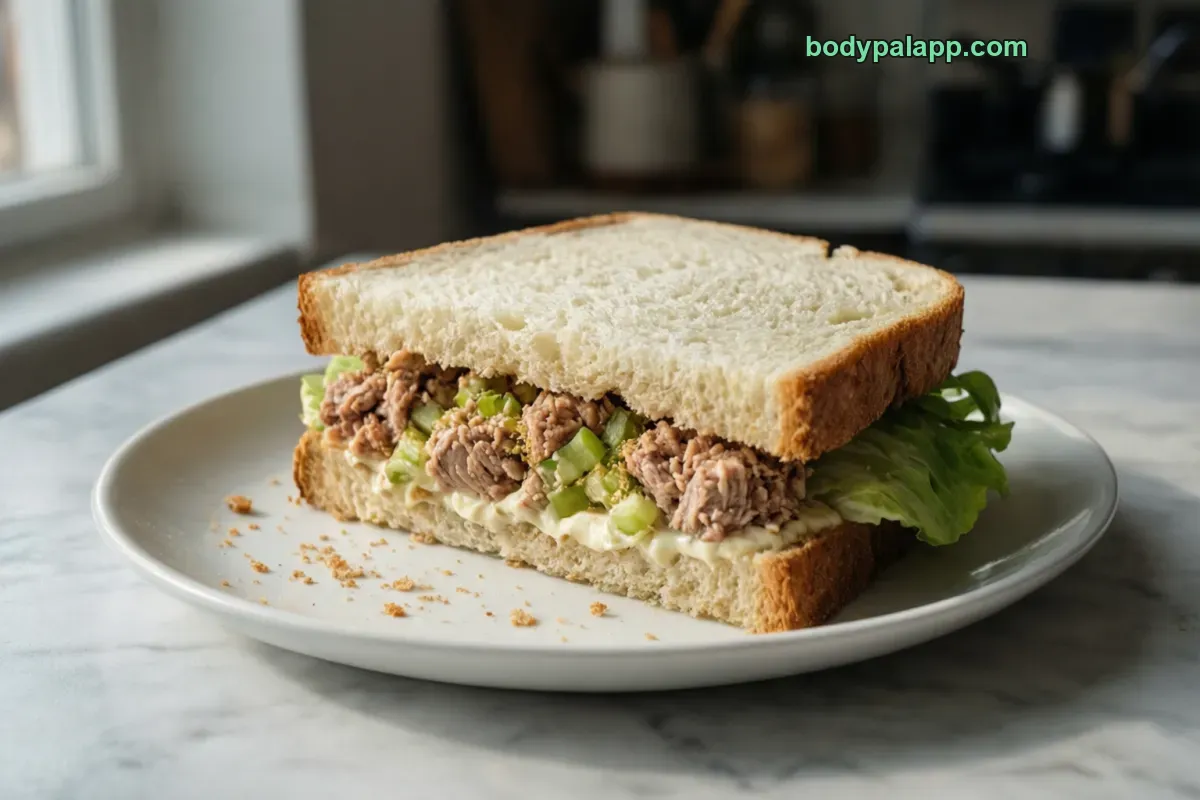 Tuna mayo sandwich, on white bread