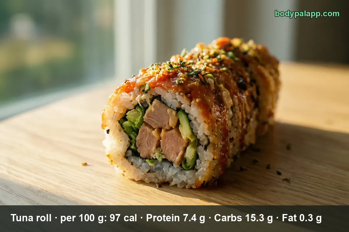 Whole uncut tuna sushi roll with rice, avocado and cucumber, sprinkled with furikake, on a wooden board