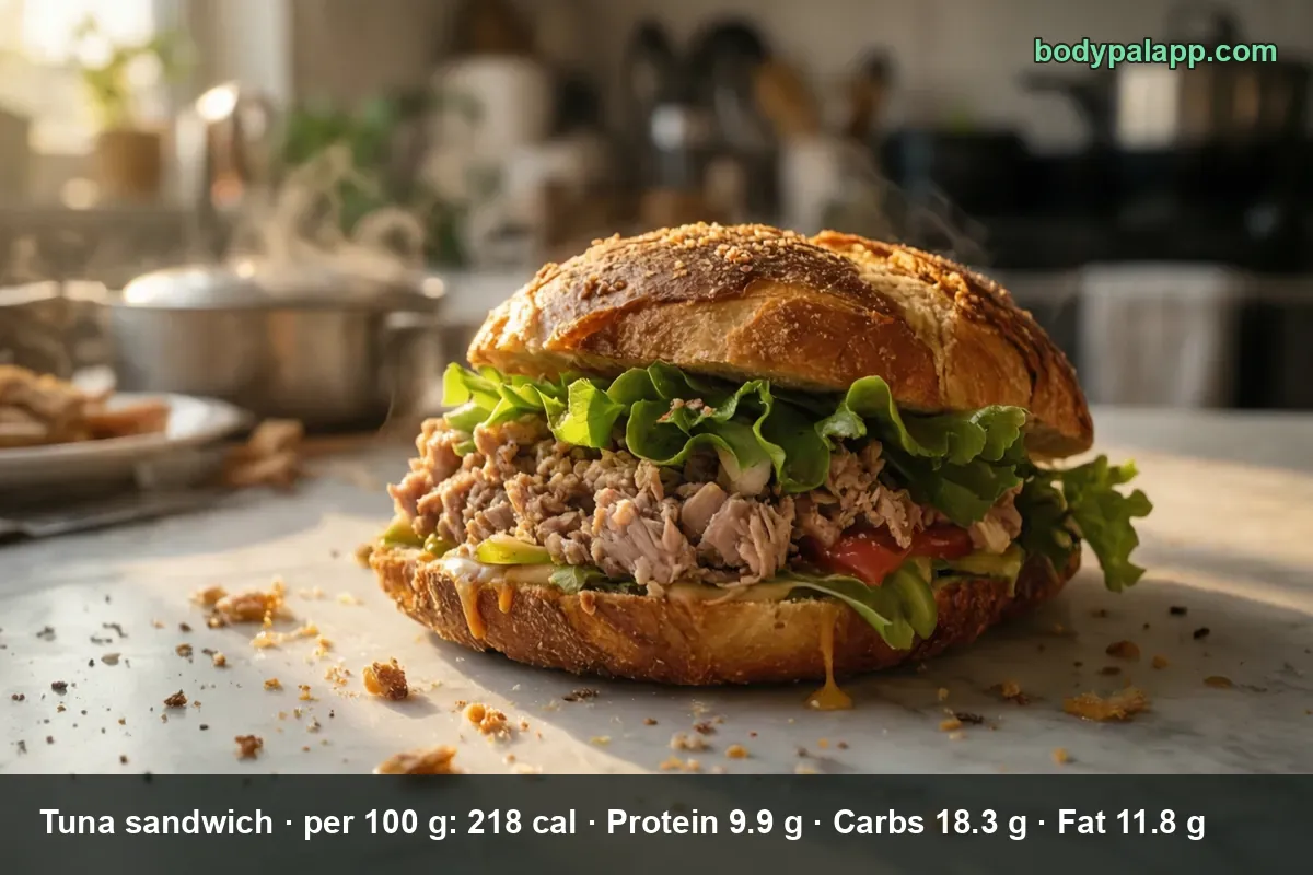 Tuna sandwich on a crusty round roll filled with flaked tuna salad, lettuce and tomato