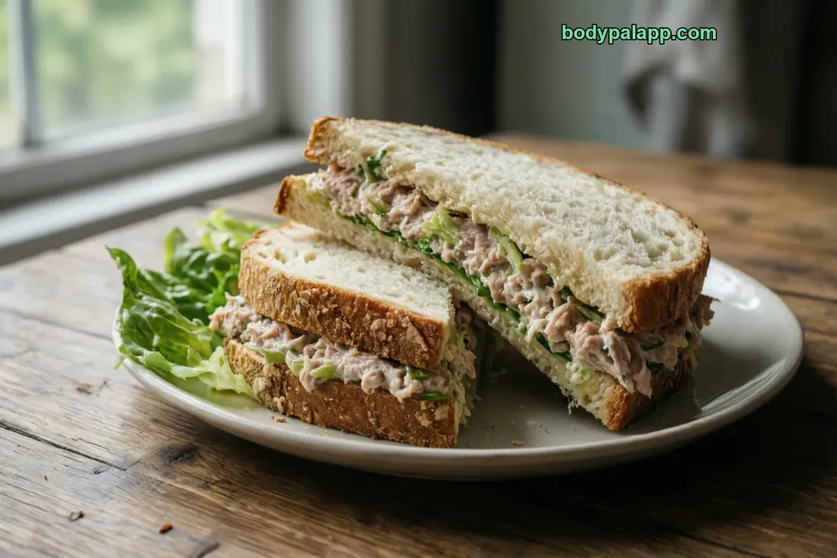 Tuna sandwich with mayo, tuna salad, white bread