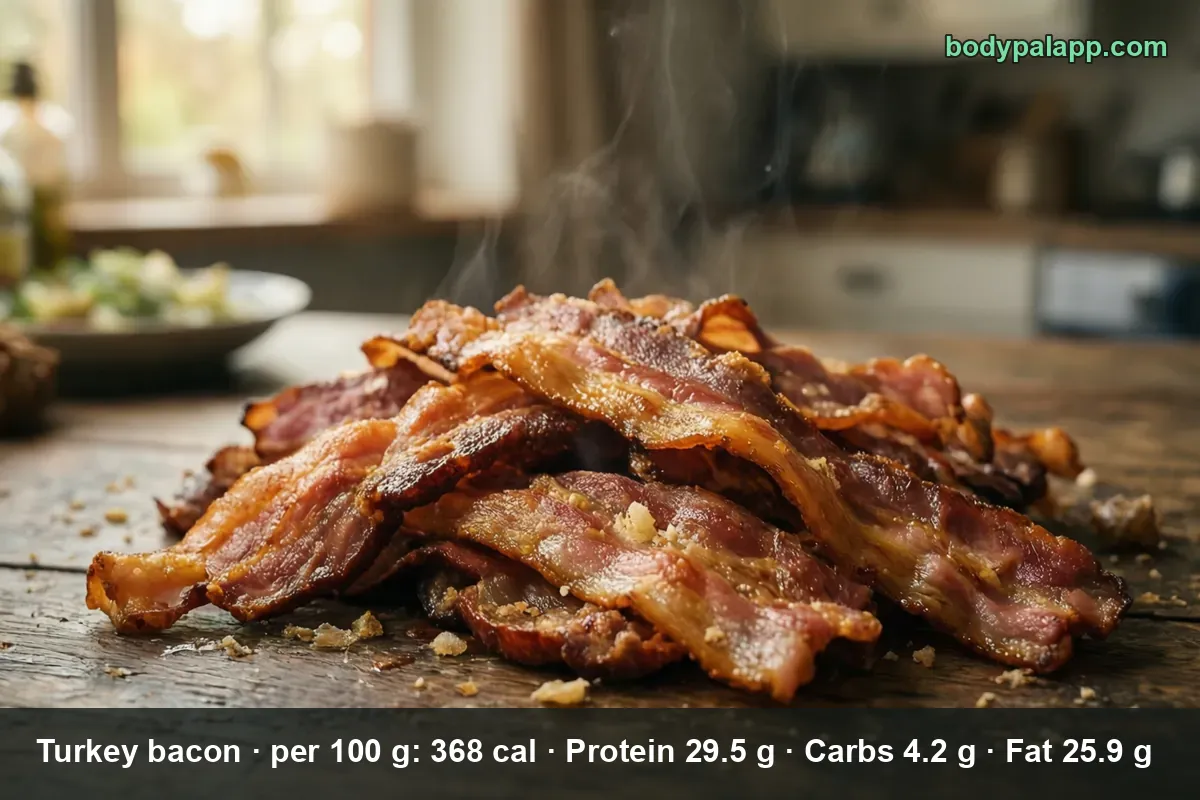 Pile of about ten crispy fried turkey bacon strips on a wooden board, steam rising, streaks of fat visible along the edges.