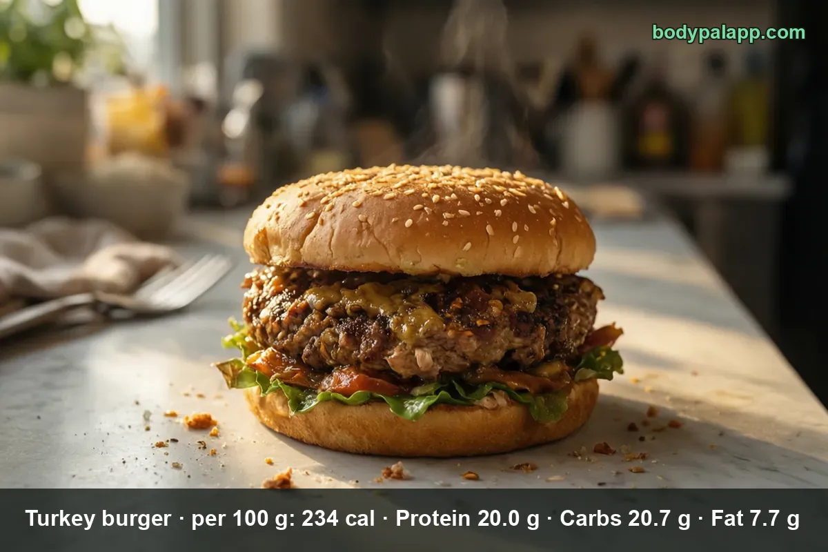 Turkey burger with a grilled patty, melted cheese, lettuce and caramelized onion in a sesame bun on a marble counter, steam rising