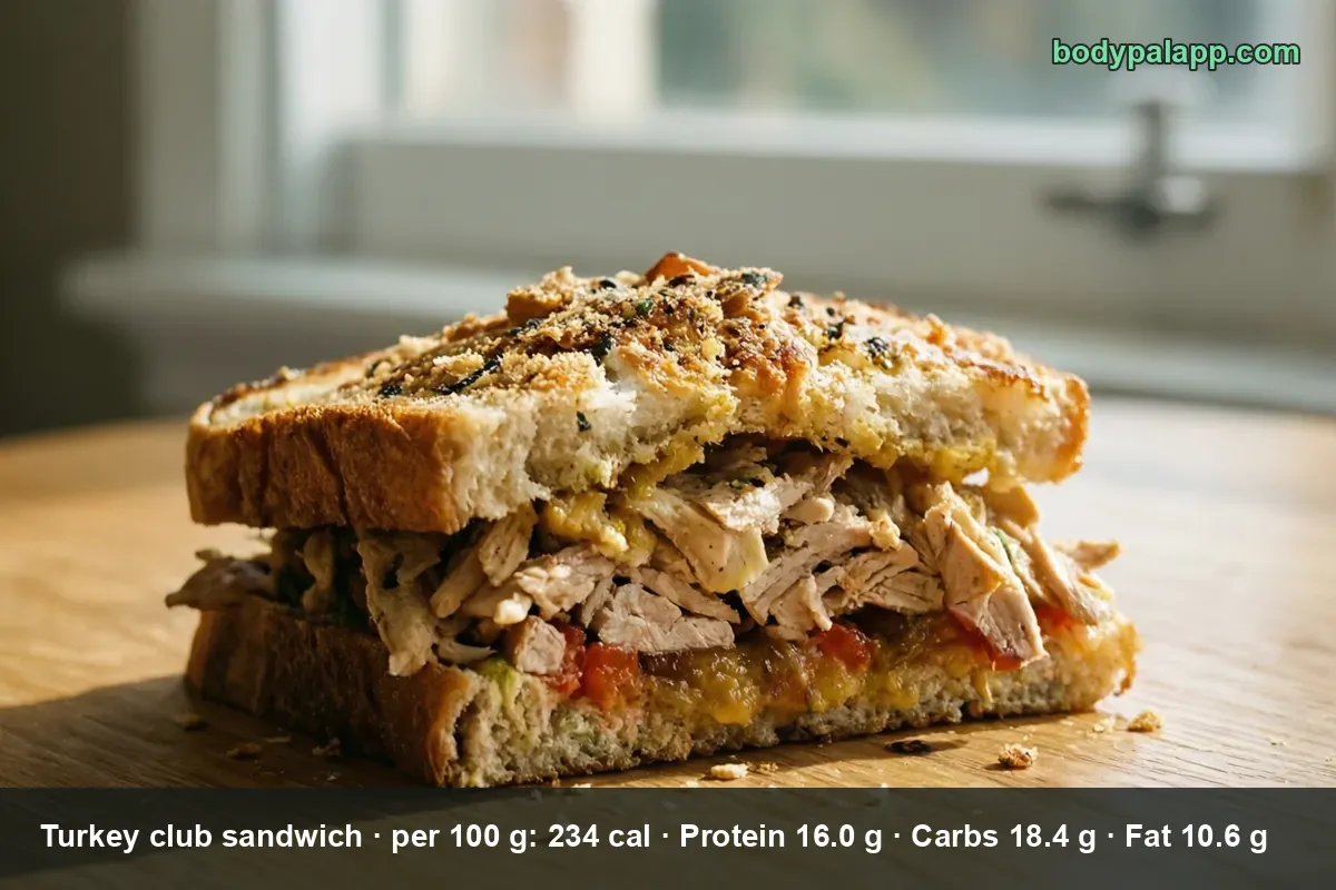 Double-decker turkey club sandwich with pulled roast turkey, cheese and tomato chutney between two slices of bread.