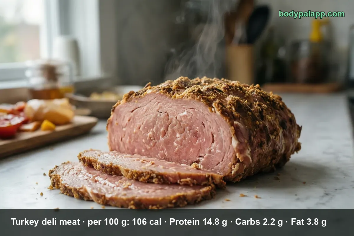 Whole roasted turkey deli meat block with a spiced crust and four thick cut slices on paper on a board