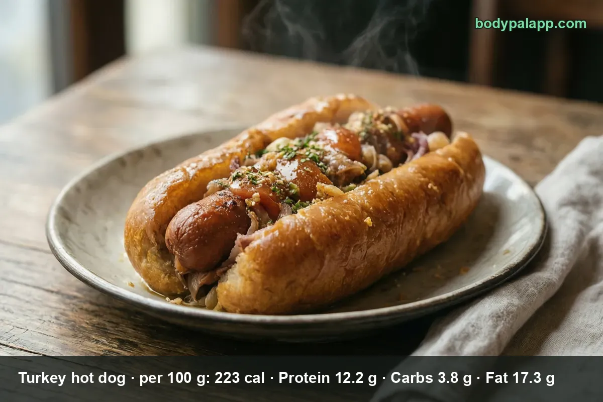 Turkey hot dog in a bun topped with caramelized onions and herbs on a plate, steam rising from the sausage