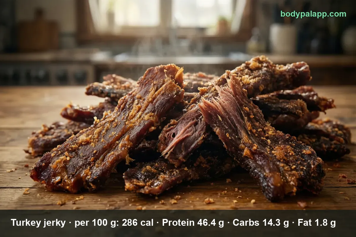 Pile of dark dried turkey jerky strips with salt and spices on a wooden board, steam rising.