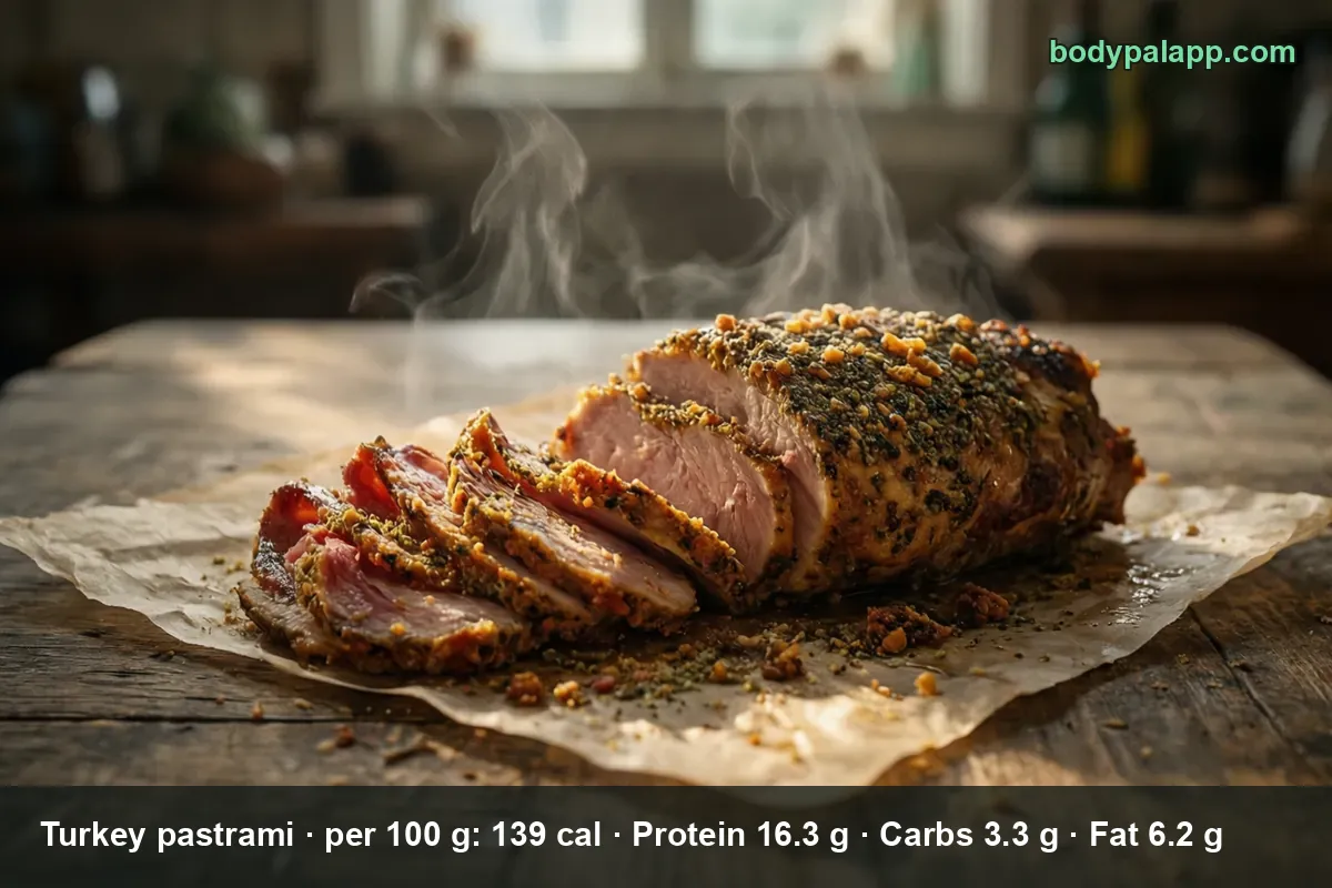 Whole peppercorn-crusted turkey pastrami roll with four cut slices and rising steam