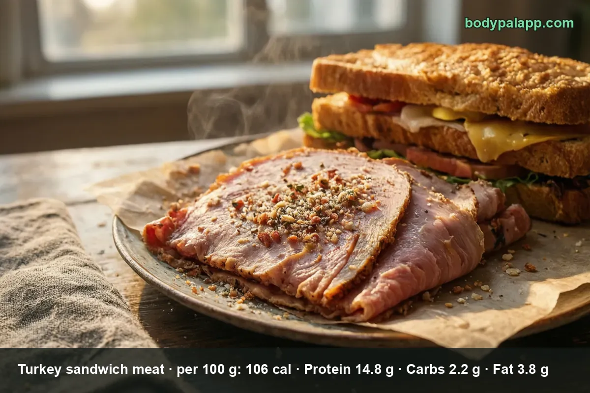 About six thin deli turkey slices on a plate, with a turkey sandwich with cheese and tomato behind them