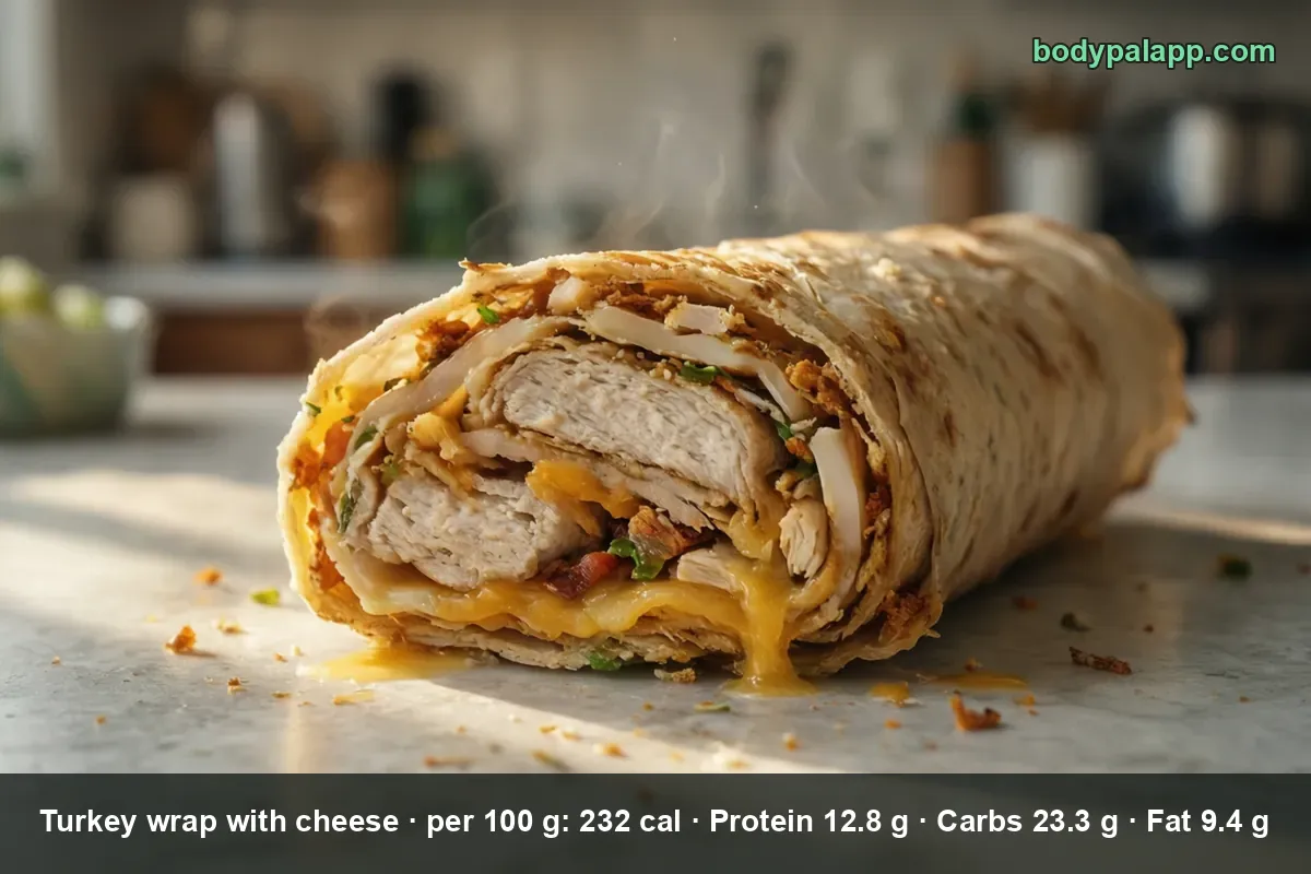 Turkey wrap with cheese cut open, melted cheese stretching from the sliced end, steam rising from the filling