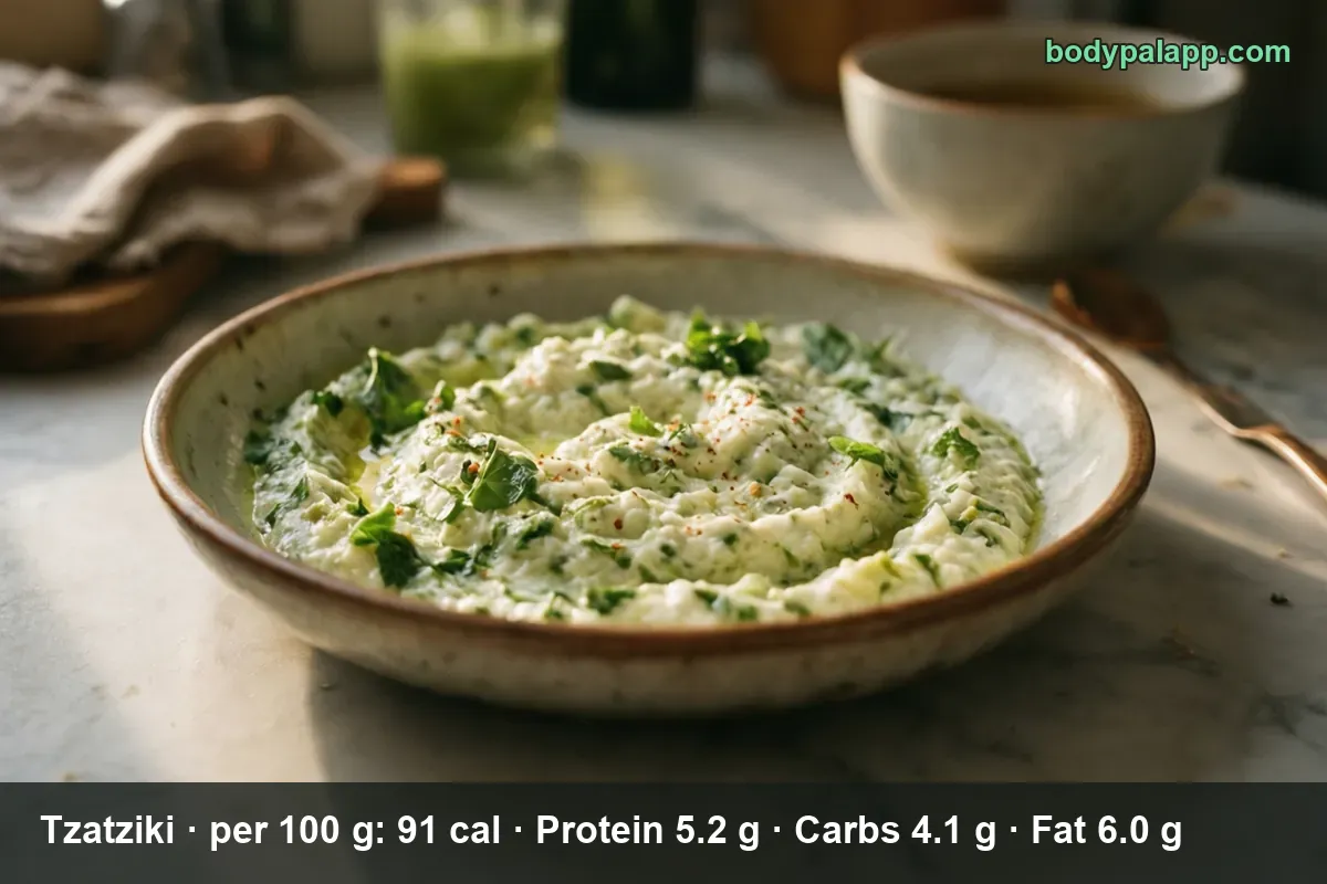 Bowl of creamy white tzatziki dip flecked with green herbs, no visible cucumber pieces