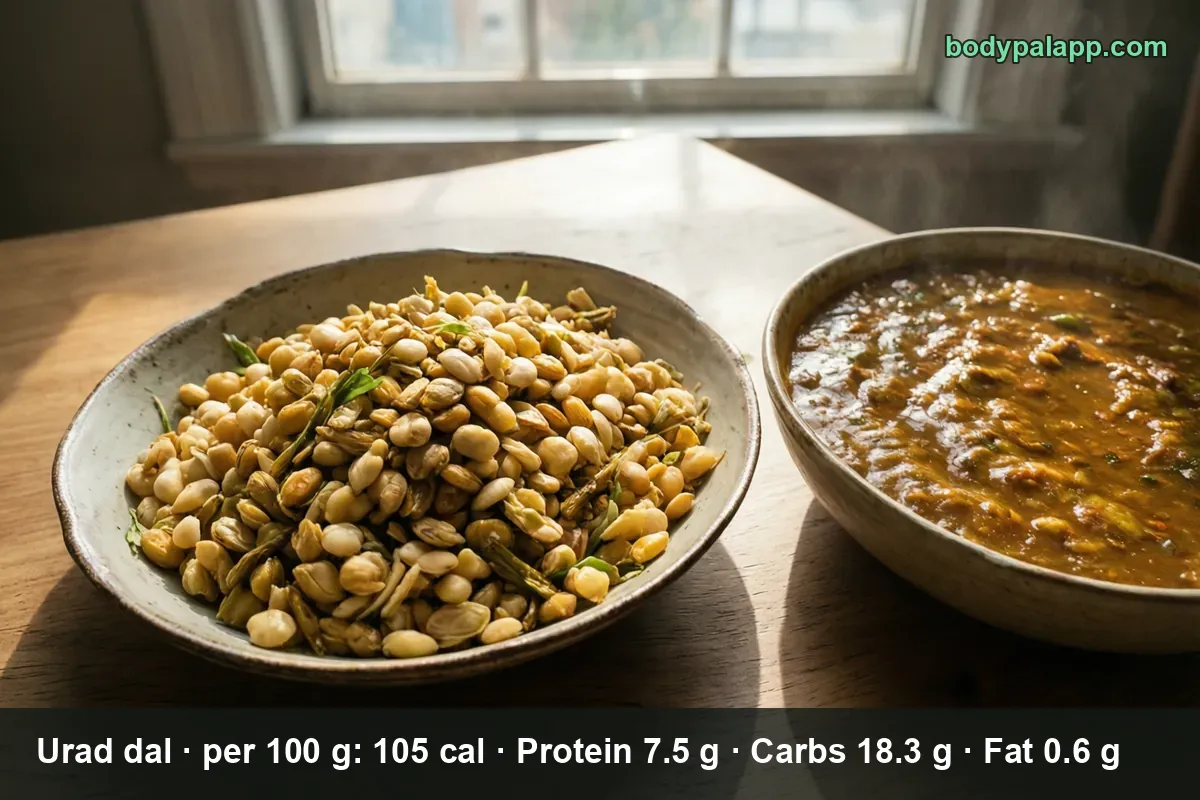 Bowl of raw pale whole urad beans with green pods beside a bowl of brown-orange cooked urad dal