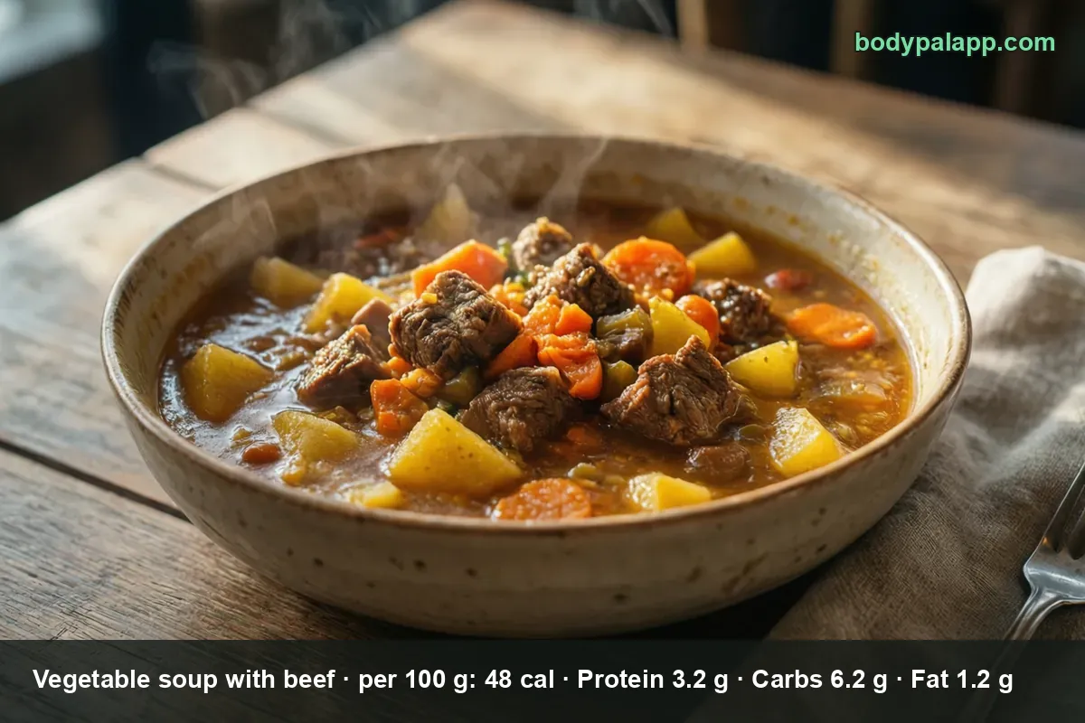 Steaming bowl of vegetable beef soup with beef cubes, carrots and potatoes in thick brown broth, fork and napkin beside it