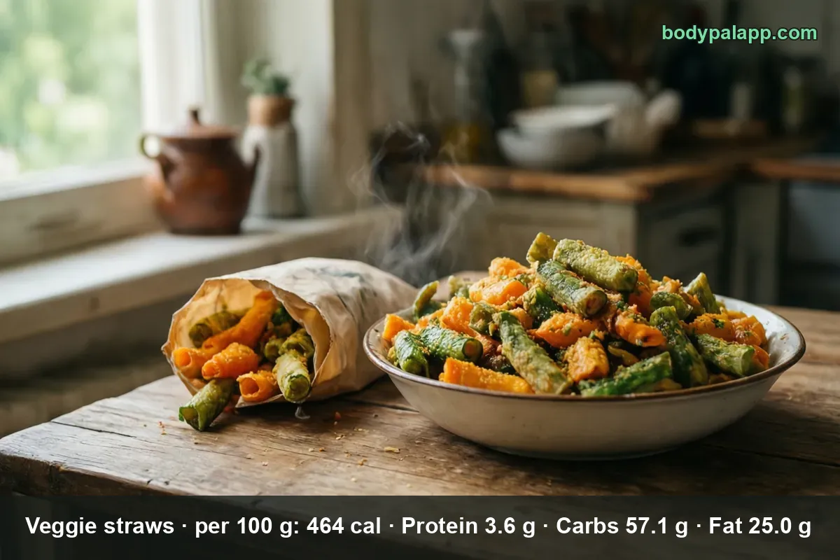 Unlabeled paper bag of orange and green veggie straws with a bowl of the same straws next to it