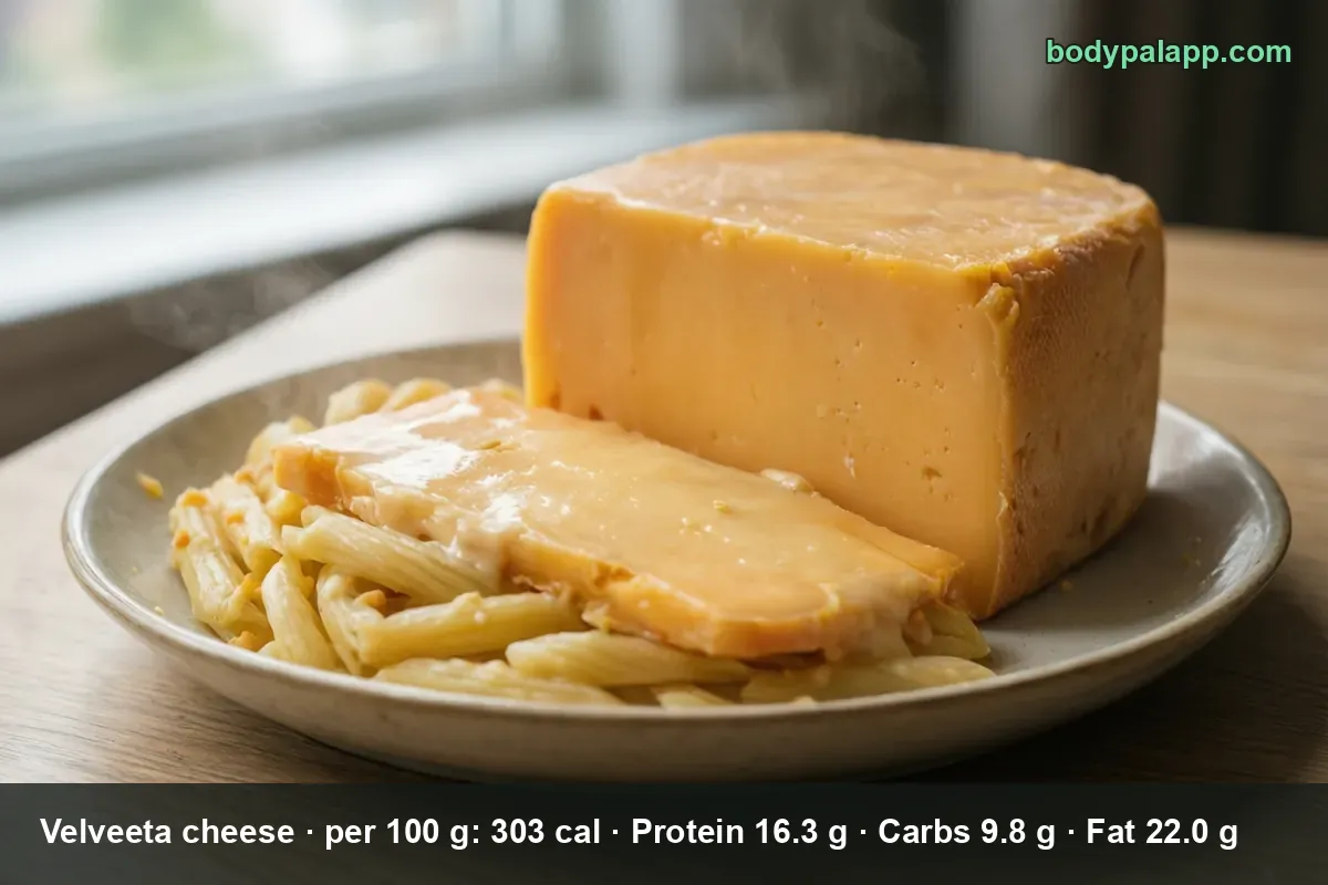 Whole block of orange processed cheese with a glossy melted slice over penne pasta on a plate