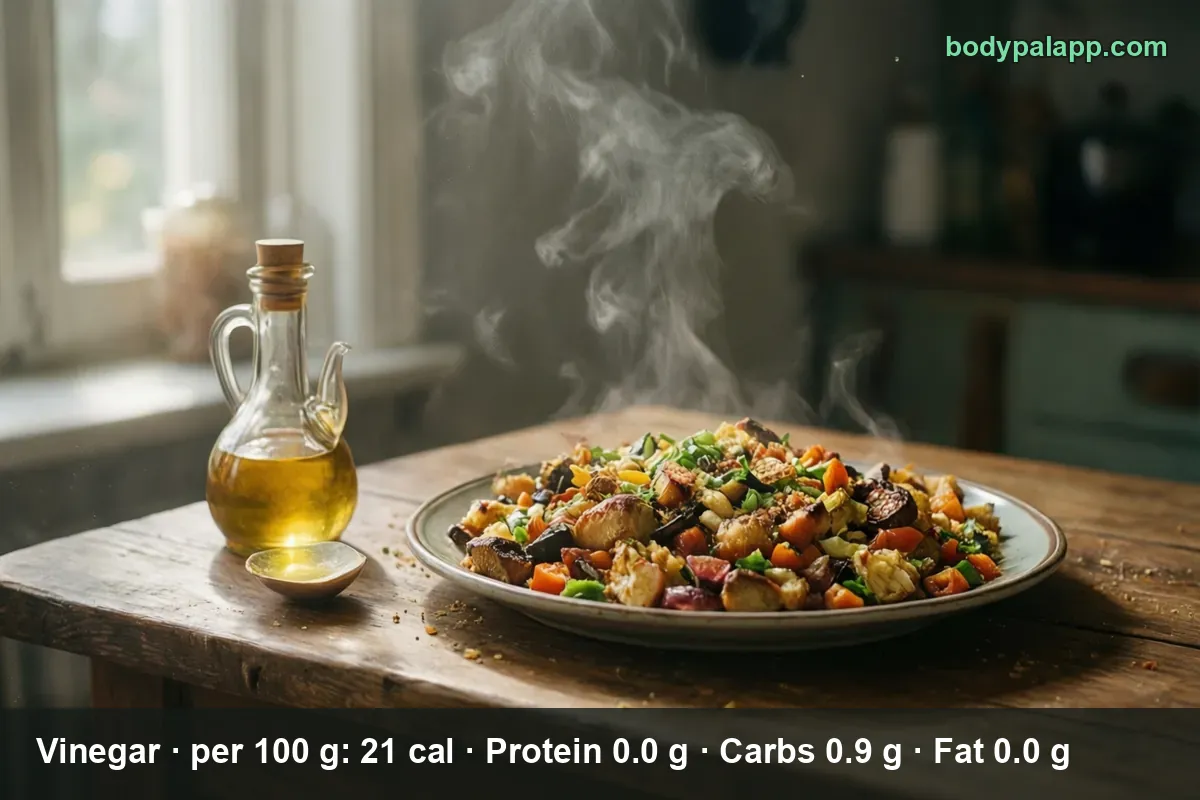 Glass cruet with cork stopper holding golden vinegar, a small saucer and a plate of steaming roasted vegetables.