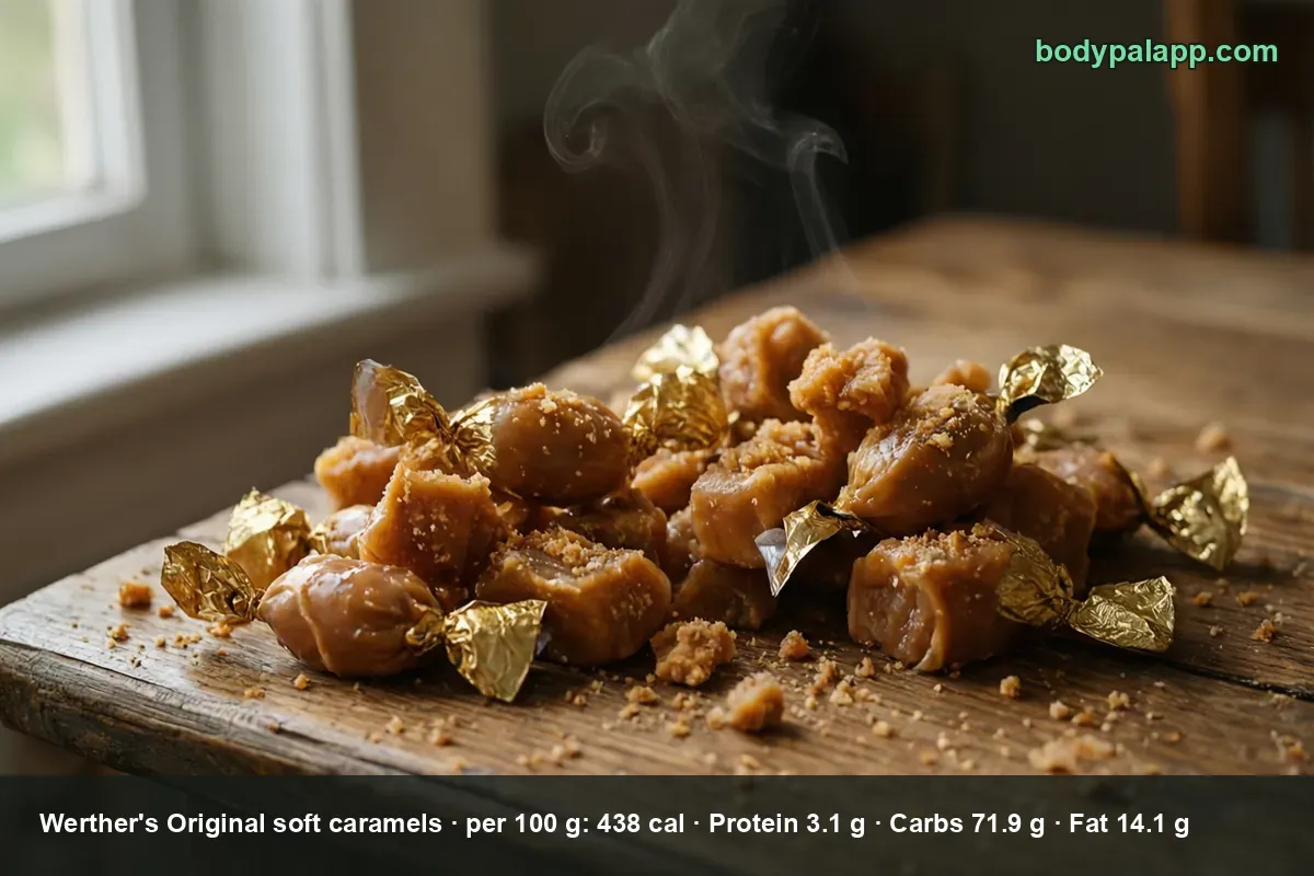 Pile of caramel candies in plain gold foil wrappers, a few unwrapped showing soft crumbly caramel, with crumbs on the table