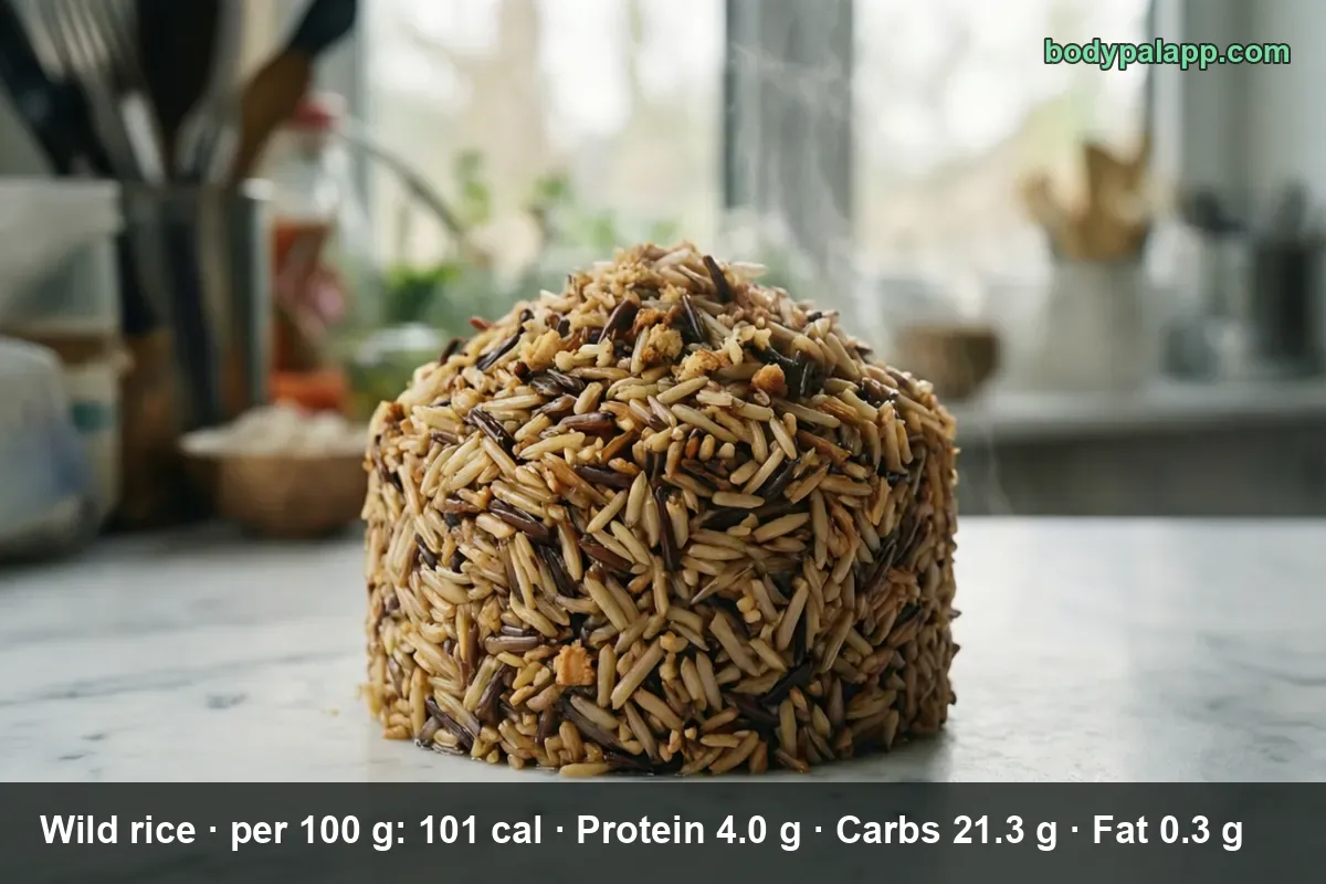Molded mound of cooked wild rice with dark and light long grains on a marble counter - 166 calories per cup