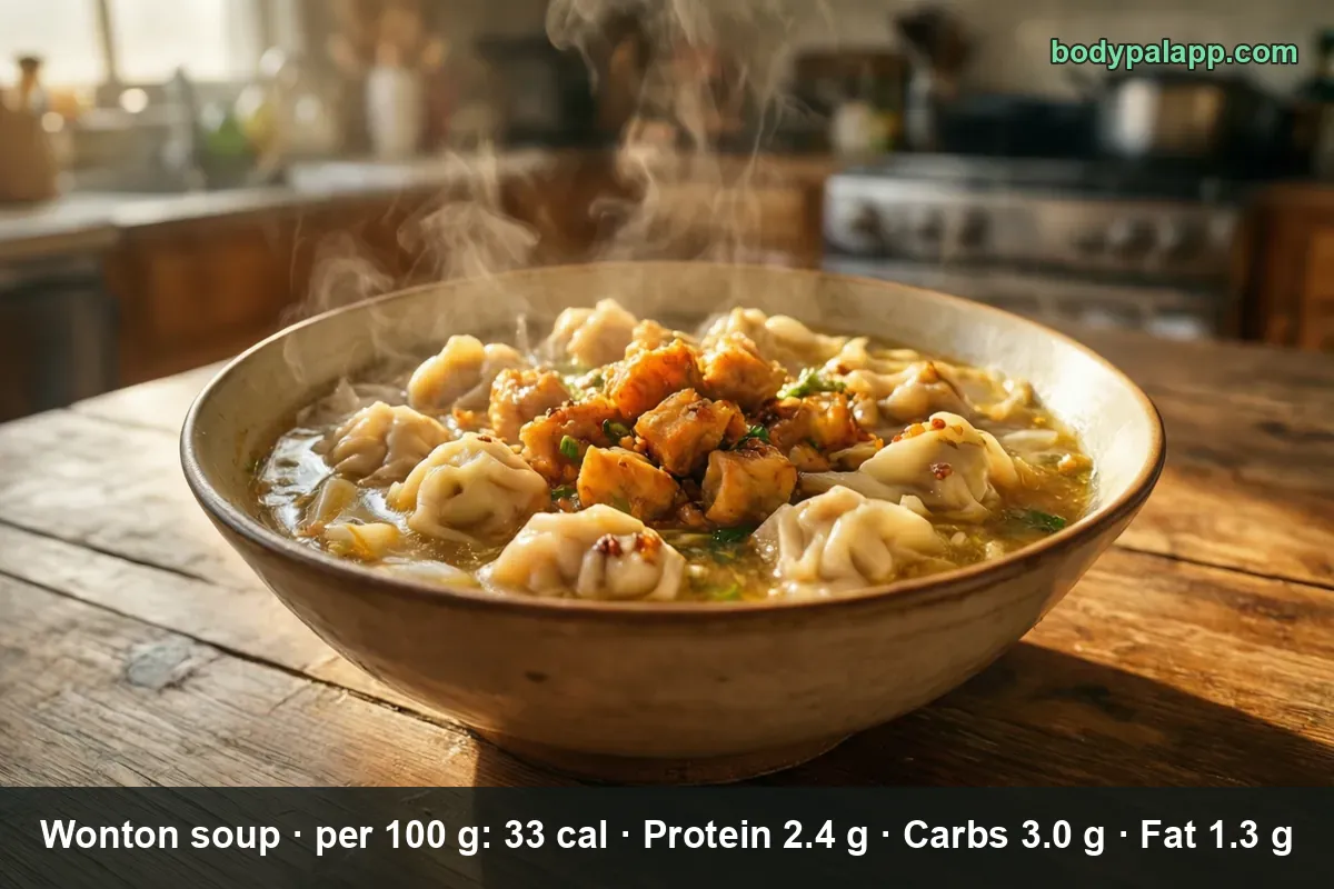 Bowl of wonton soup with about ten wontons, crispy fried chicken pieces and scallions, steam rising.