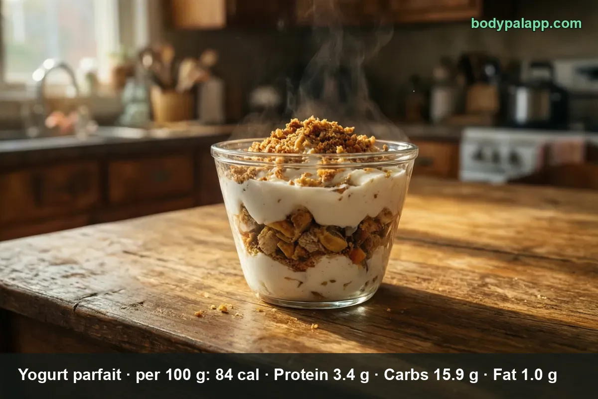 Glass cup of yogurt parfait with four layers: yogurt, granola with fruit, more yogurt and a granola topping
