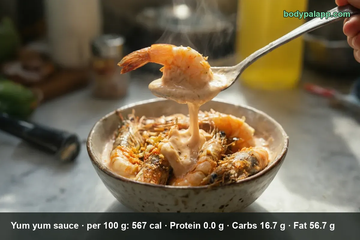 Bowl of whole shrimp coated in creamy yum yum sauce with a spoon holding one shrimp, steam rising