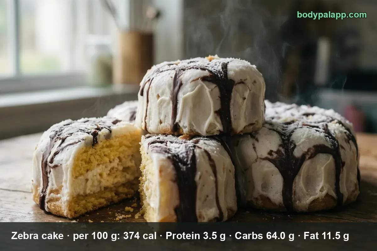 Four zebra snack cakes with white icing and chocolate stripes, one cut open showing yellow sponge and creme filling