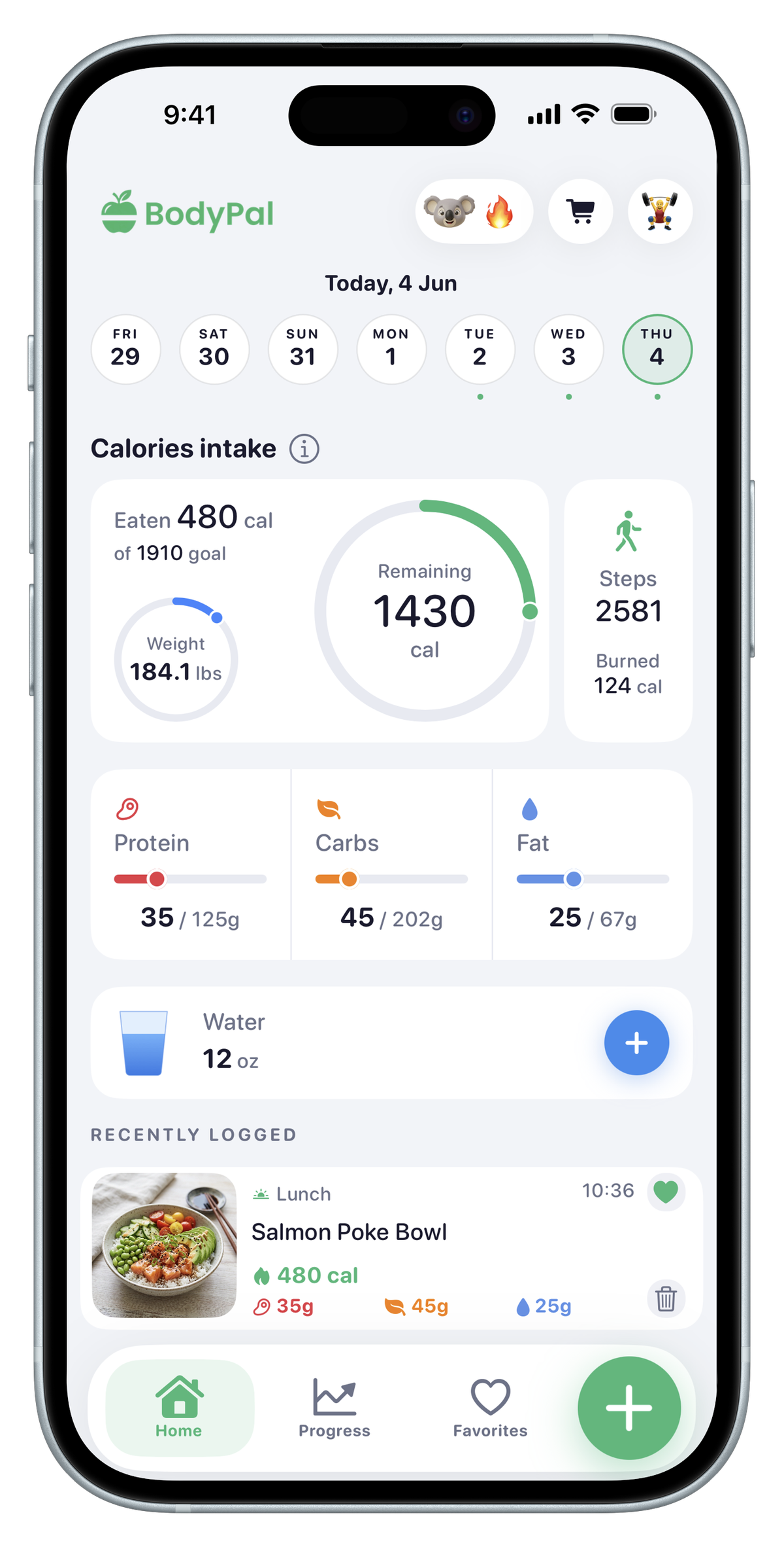BodyPal calorie tracker dashboard with calorie ring, macros, water, and recent meals