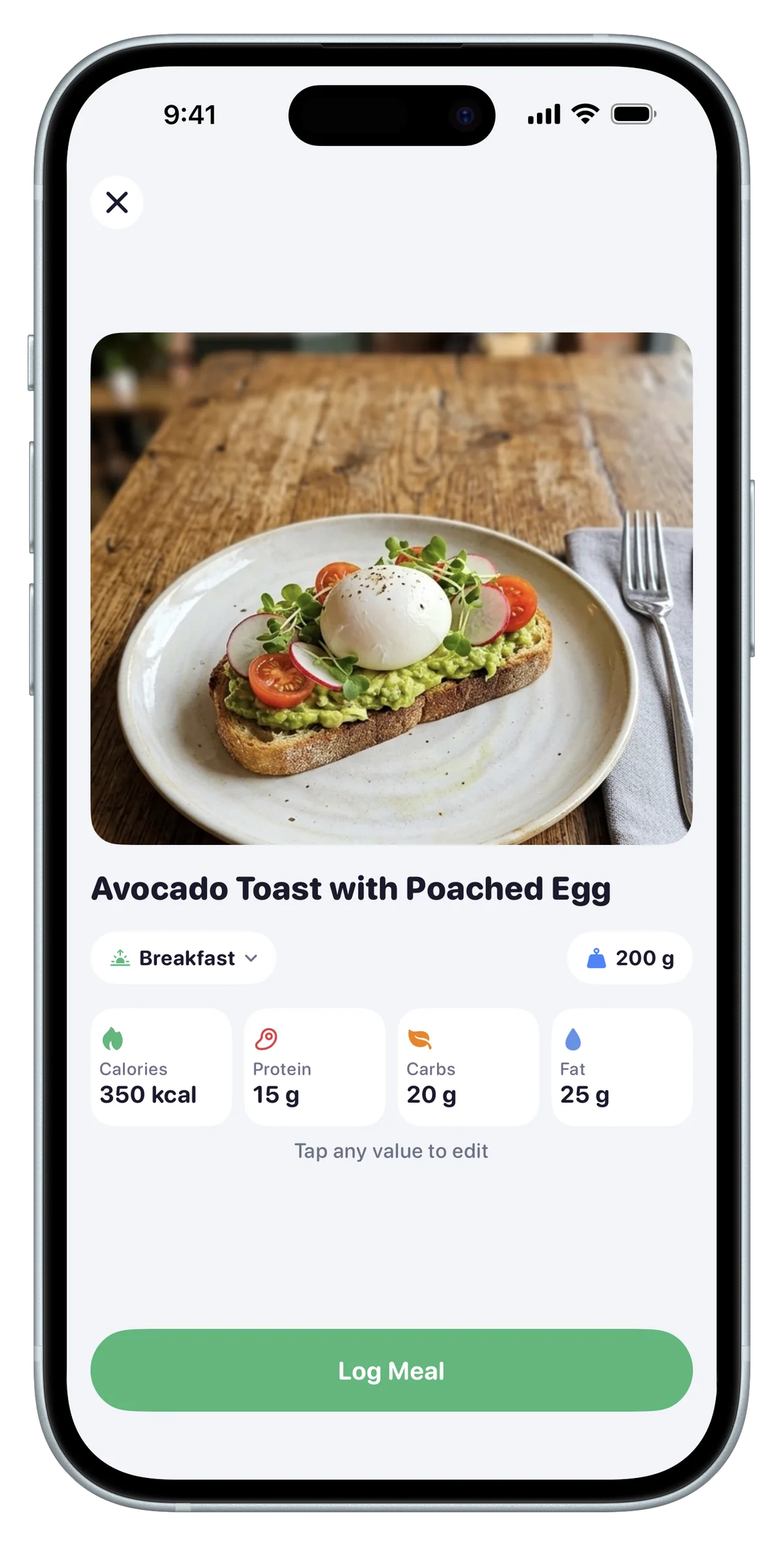 BodyPal nutrition breakdown — Avocado Toast with Poached Egg, 350 kcal, full macros