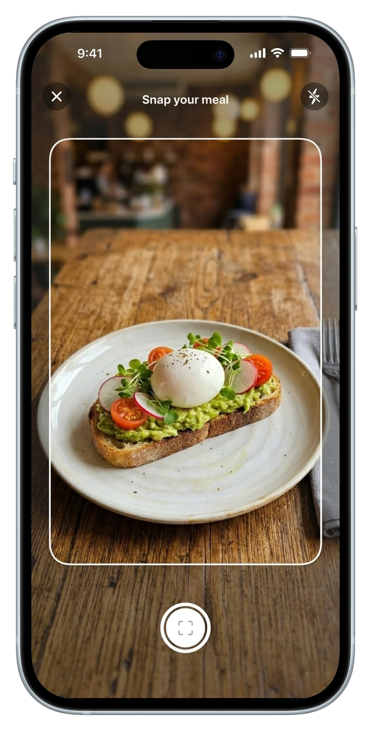BodyPal AI calorie counter scanner framing an avocado toast on a restaurant table