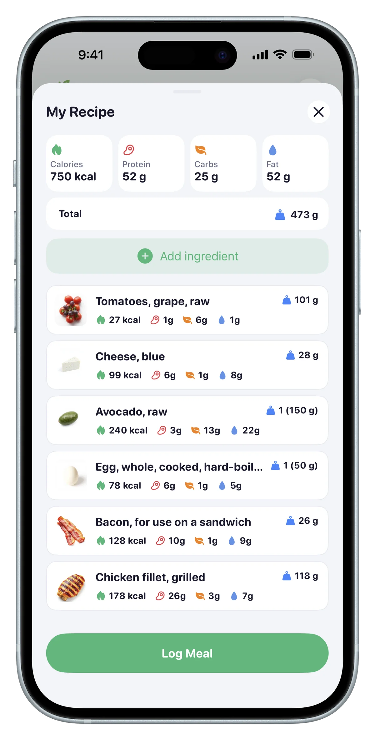 BodyPal recipe builder with ingredient list, kcal badges, and a grocery list shortcut